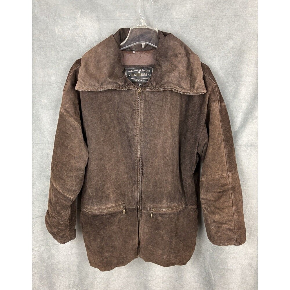 Vintage EXPRESS Distressed Leather Suede Jacket Sz M Brown Chunky Oversized Y2K